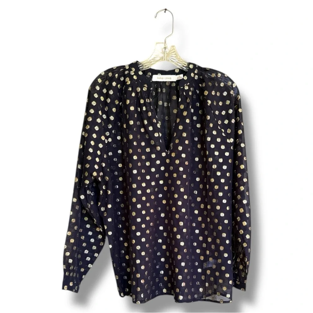 Anthropologie Bishop & Young Black Pullover Blouse w Gold Metallic Dots Medium - Picture 2 of 15